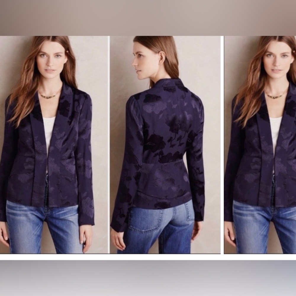Elevenses (Anthropologie) Navy Blue Floral Satin Soft Brocade Blazer Womens 0